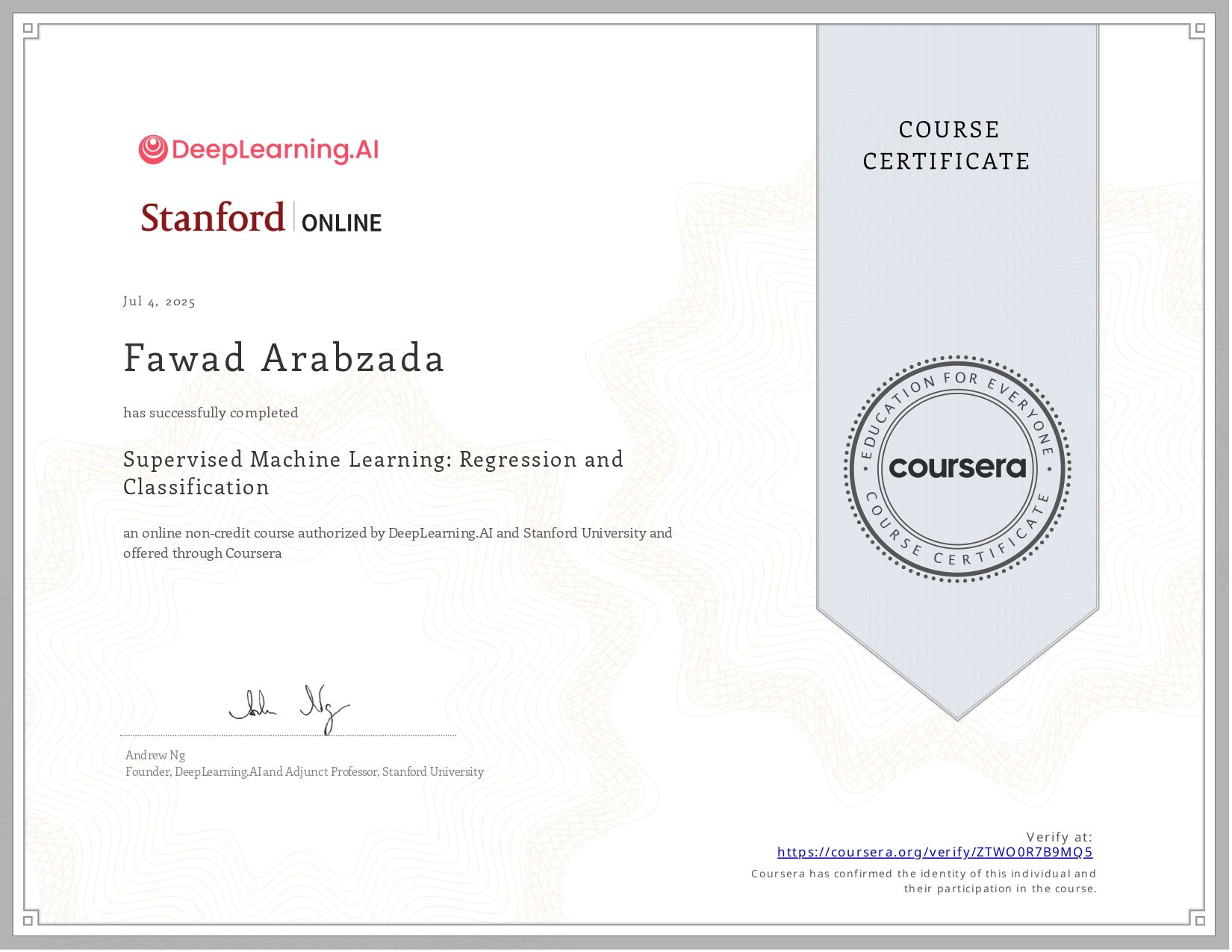 Supervised Machine Learning Certificate